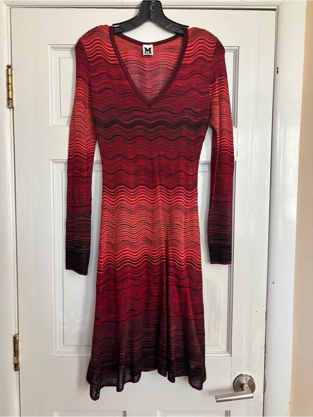 Missoni Vintage Long Sleeve V-Neck Wave Print Dress in Red